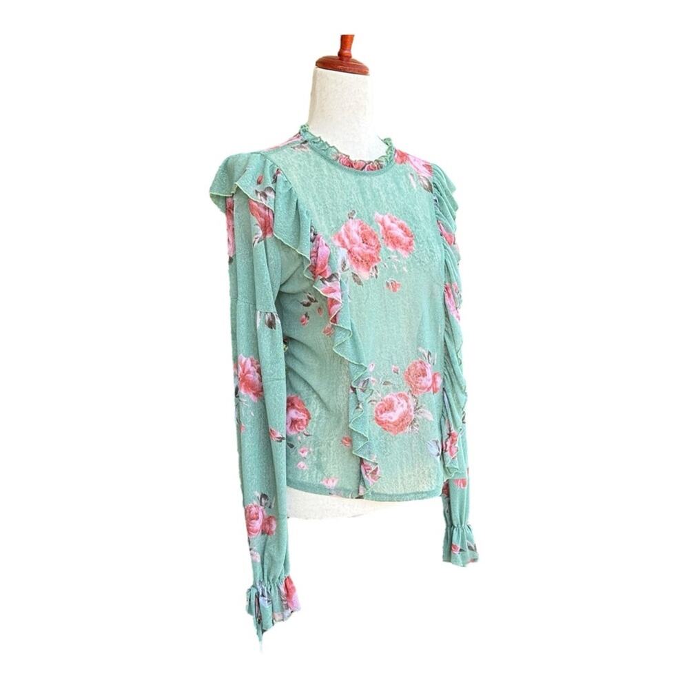 Know.One.Cares Green Top Floral Ruffle Long Sleeve Semi Sheer Shirt Couquette S - Picture 4 of 13